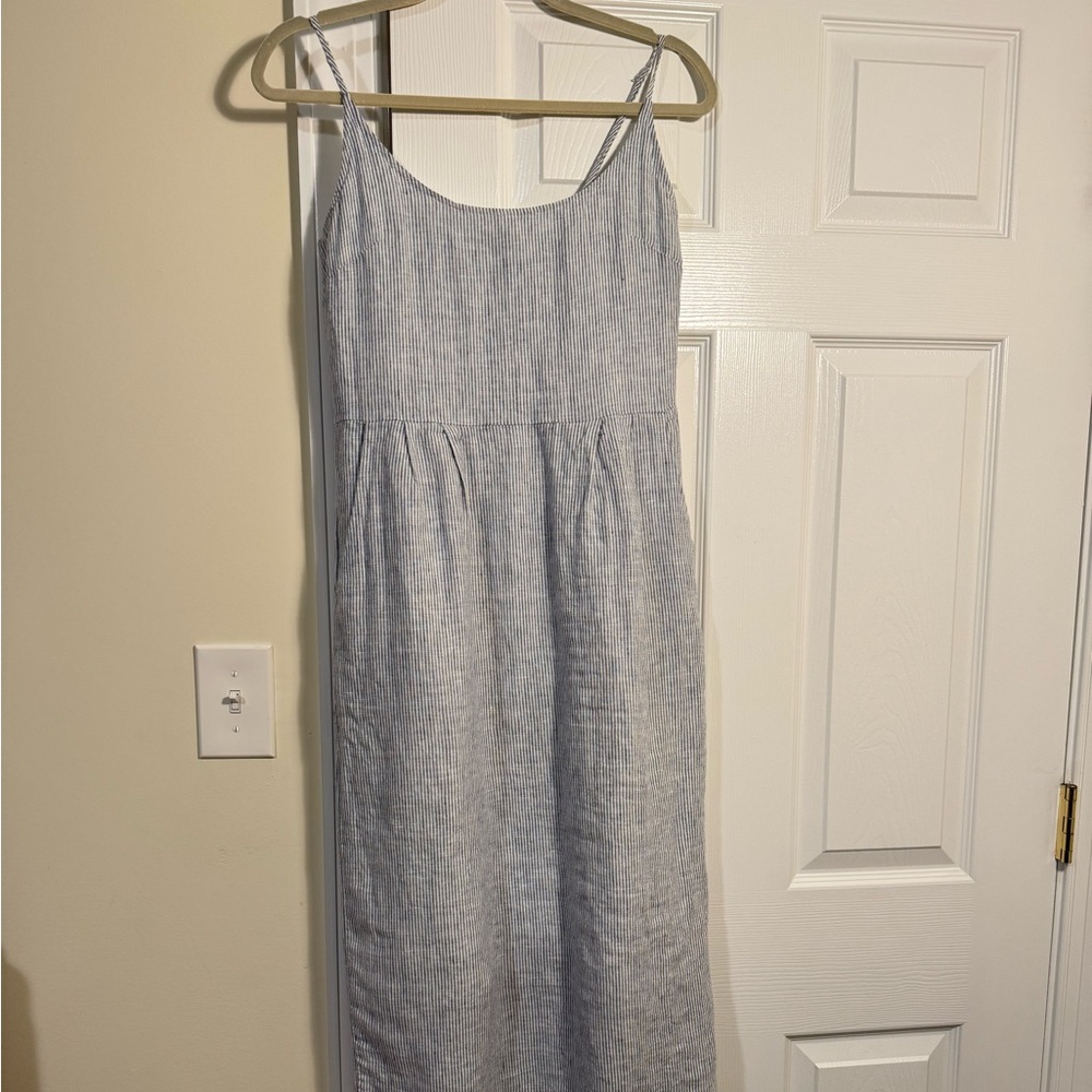 Quince 100% Linen Blue White Striped Midi Dress Smocked Bodice Pockets Small